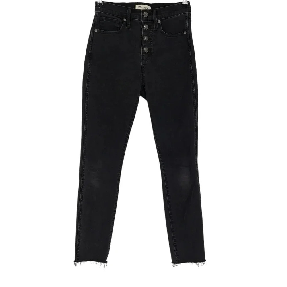 Madewell Skinny Jeans Black High Rise Button Fly Raw Hem Cropped Denim